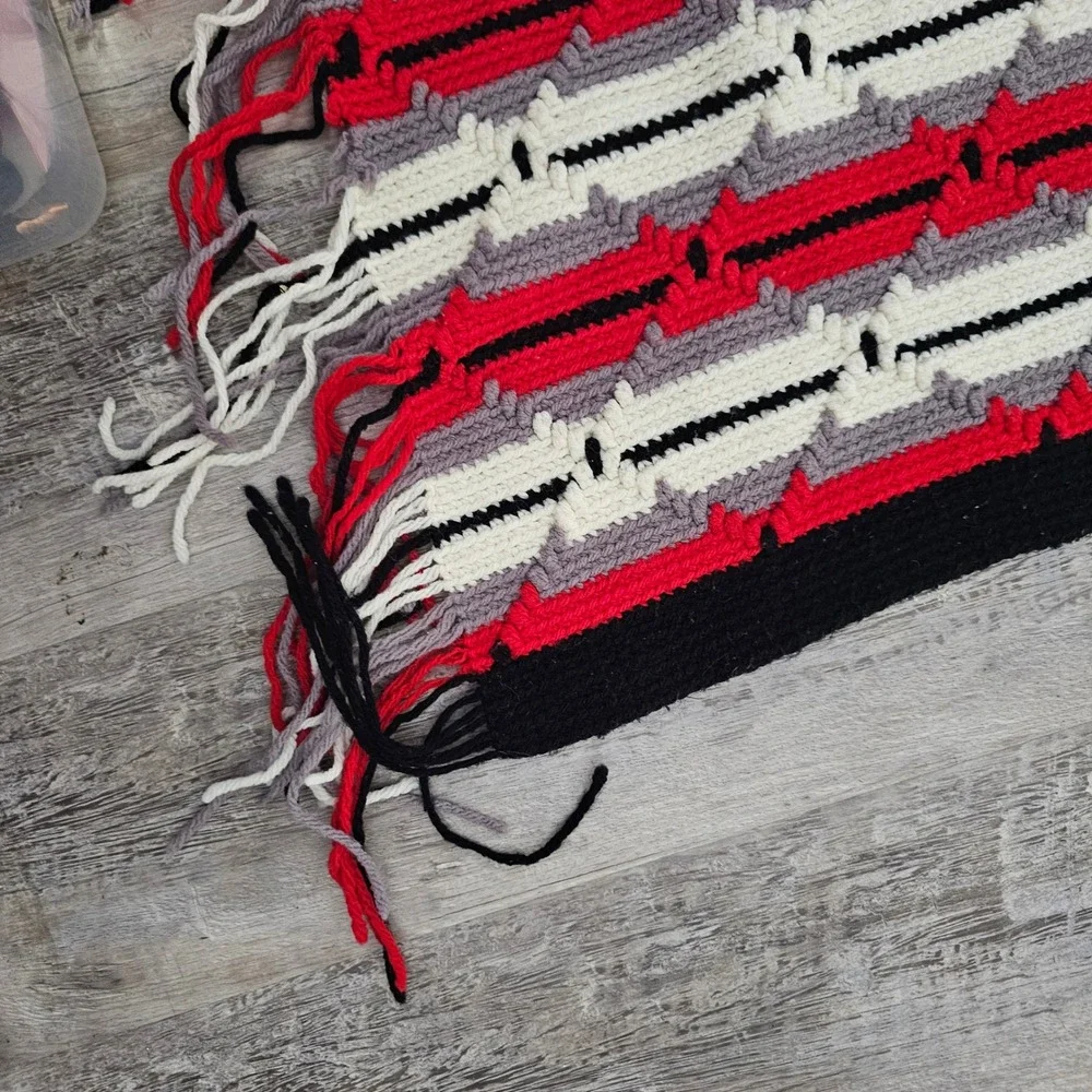 Handmade Crochet Throw Blanket Red Grey White Black Geometric Fringe 67x57‎
